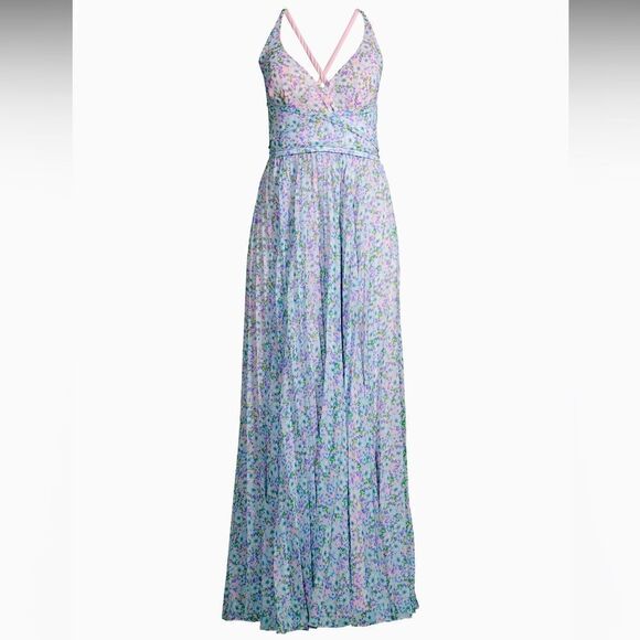 Laundry by Shelli Segal Floral Pleated Chiffon Crisscross Back Maxi Dress Sz 2 - Picture 2 of 12